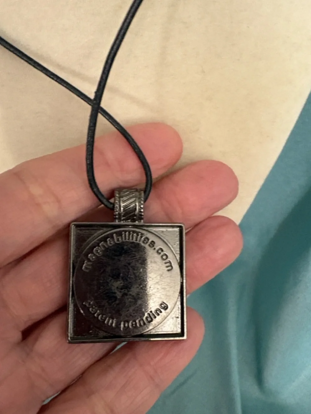 MAGNABILITIES Vintage Pat Pending SQUARE 1 1/8" Pendant 17” leather cord - Picture 5 of 6